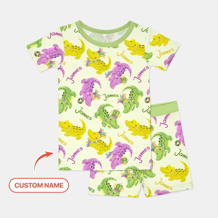 Custom Name Mardi Gras Alligator Bamboo Two Piece Short Sleeve Shorts Pajama Set