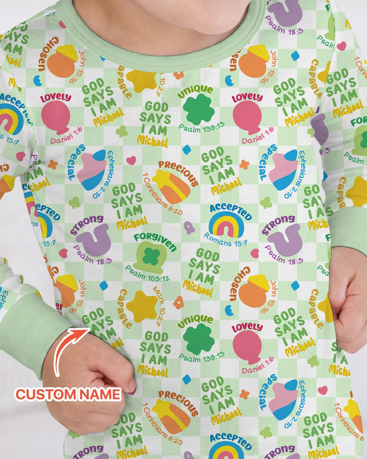God Says I Am St. Patrick’s Day Custom Name Family Matching Bamboo Two Piece Long Sleeve Pajama Set