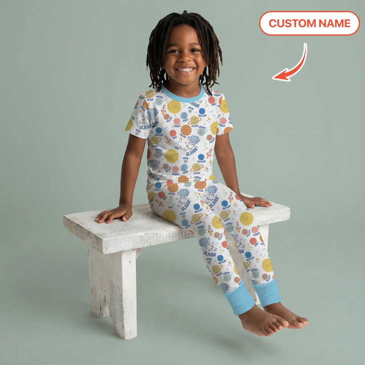 Custom Name Little's Kid into Universer Bamboo Two Piece Short Sleeve Pajama Set