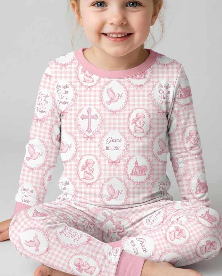 Custom Name Baptism Straight Outta Holy Water Bamboo Two Piece Long Sleeve Pajama Set