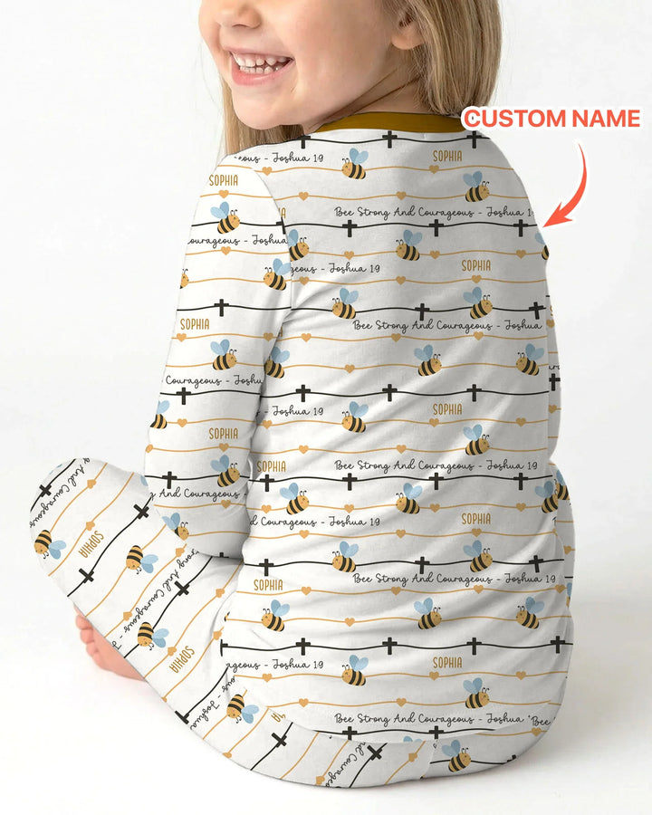 Bee Strong And Courageous Custom Name Bamboo Two Piece Long Sleeve Pajama Set