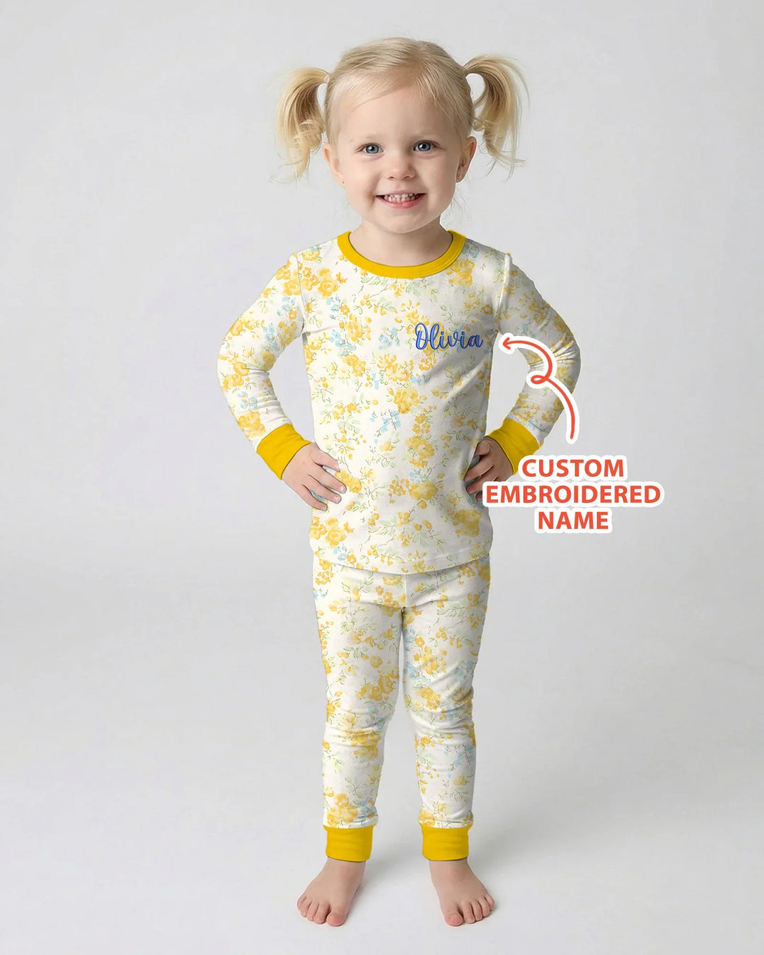 Custom Name Embroidered Floral Bamboo Two Piece Long Sleeve Pajama Set