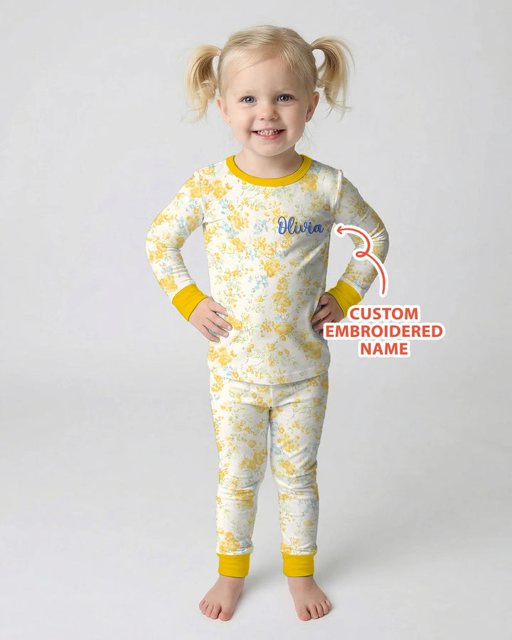 Custom Name Embroidered Floral Bamboo Two Piece Long Sleeve Pajama Set