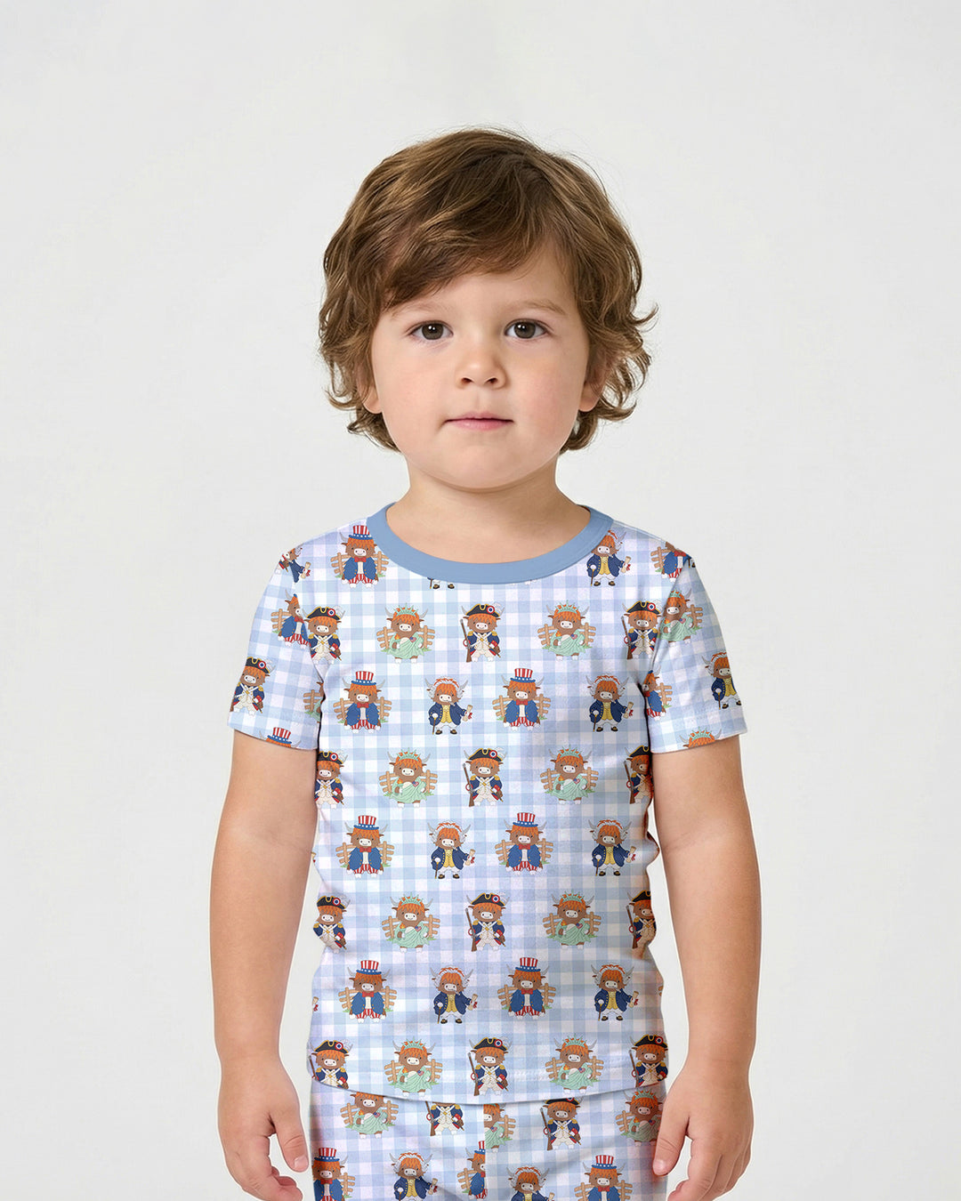 Patriotic 4th of July Highland Cow Bamboo Two Piece Short Sleeve Shorts Pajama Set