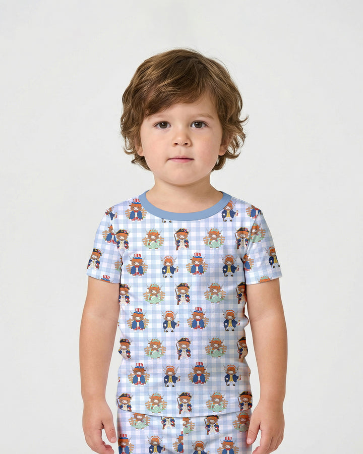 Patriotic 4th of July Highland Cow Bamboo Two Piece Short Sleeve Shorts Pajama Set