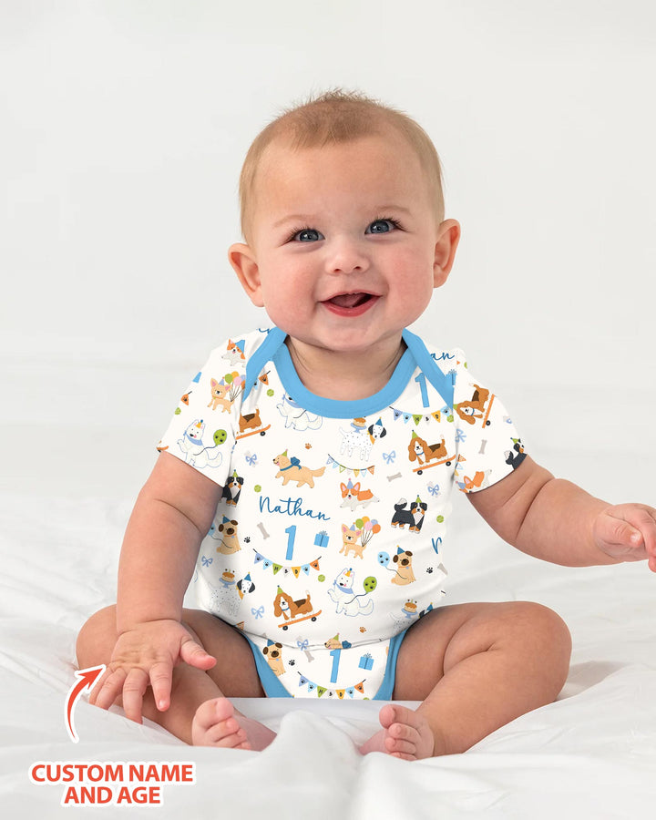 Custom Name Birthday Dogs Party Bamboo Bodysuit