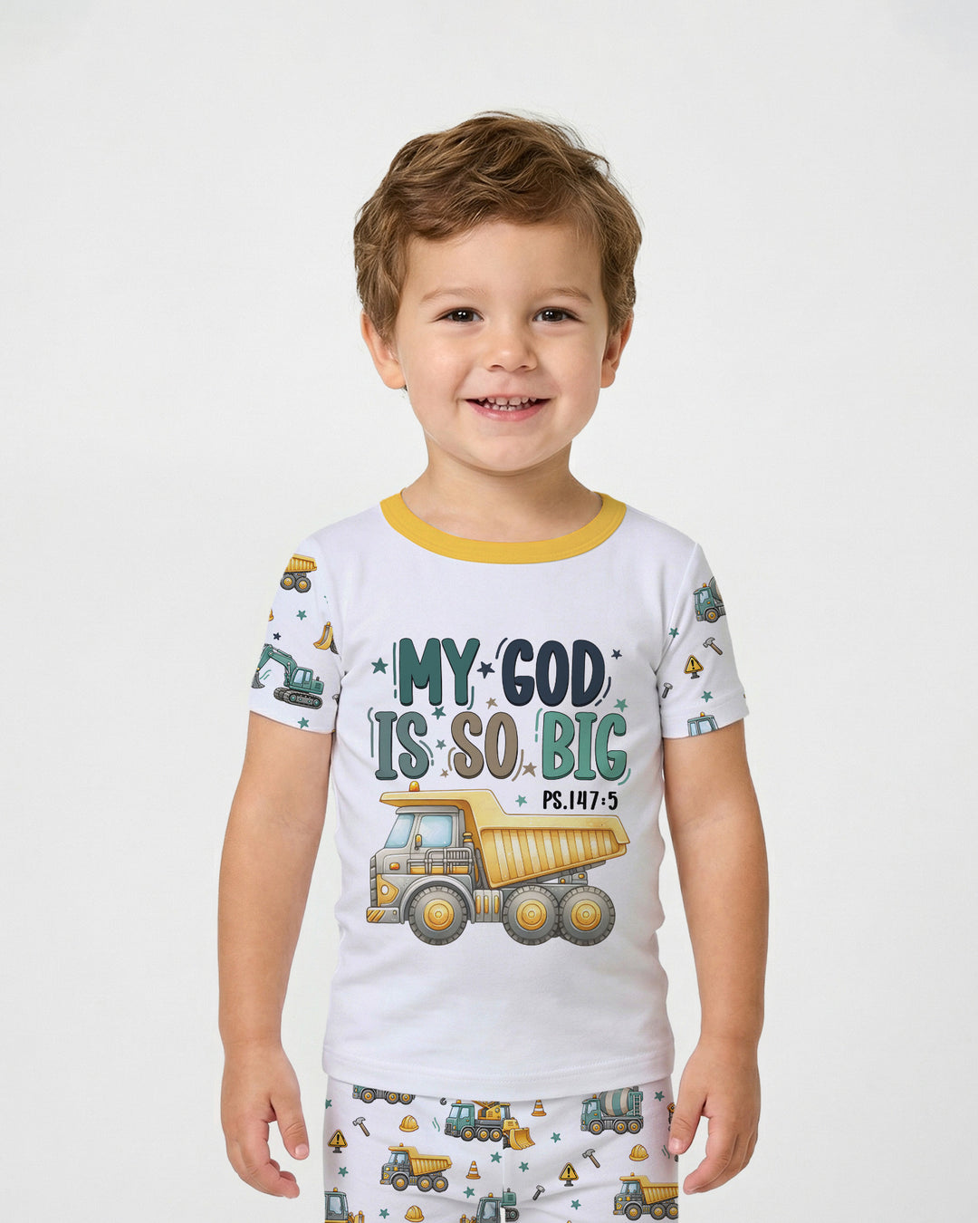 Construction Vehicles My God Is So Big Bamboo Two Piece Short Sleeve Pajama Set