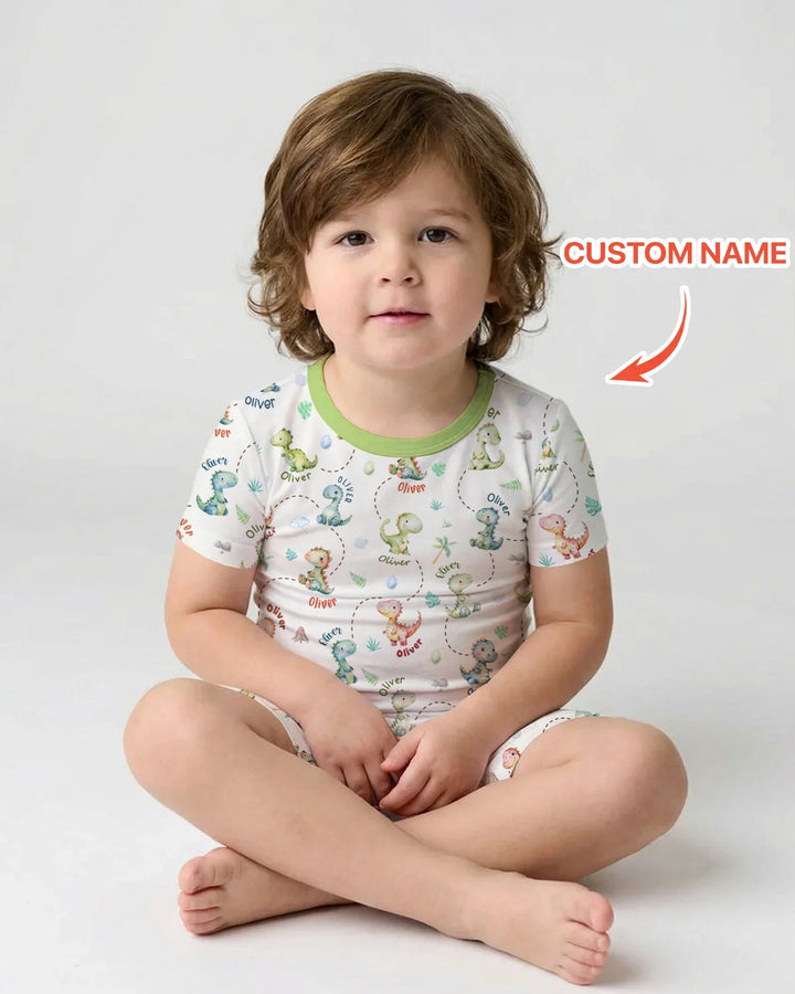 Personalized Dino Friends Bamboo Two Piece Short Sleeve Shorts Pajama Set