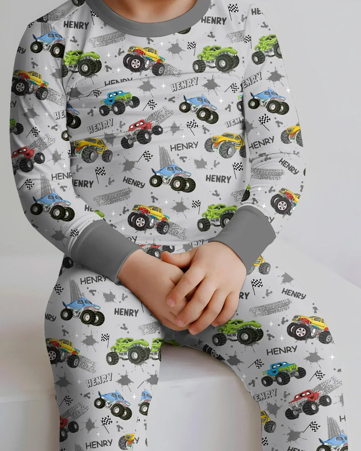 Monster Truck Dirt Jam Custom Name Daddy & Me Matching Bamboo Two Piece Long Sleeve Pajama Set