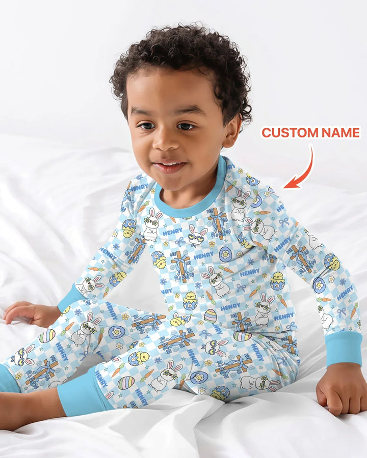 Custom Name Retro Easter Bamboo Two Piece Long Sleeve Pajama Set
