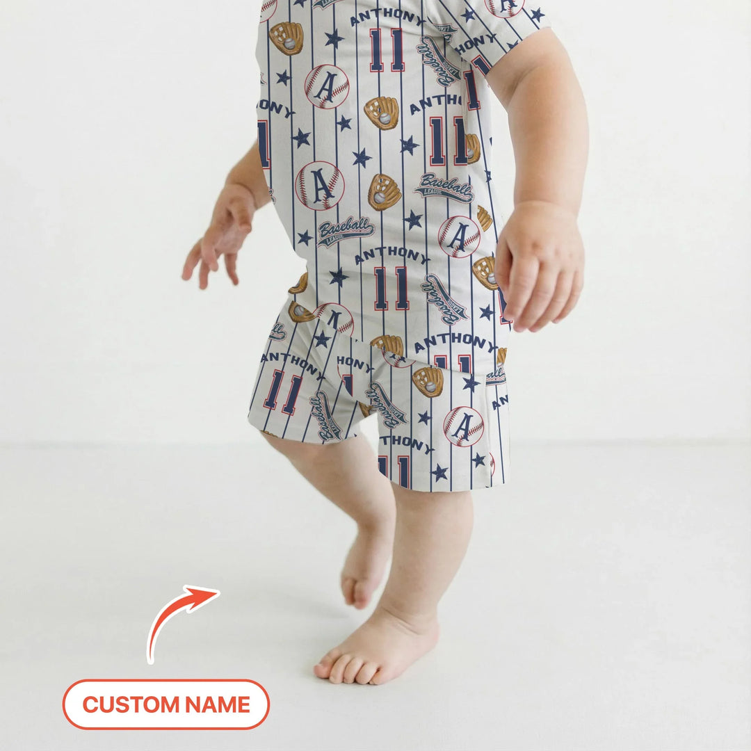 Custom Name Baseball Time Bamboo Two Piece Short Sleeve Shorts Pajama Set
