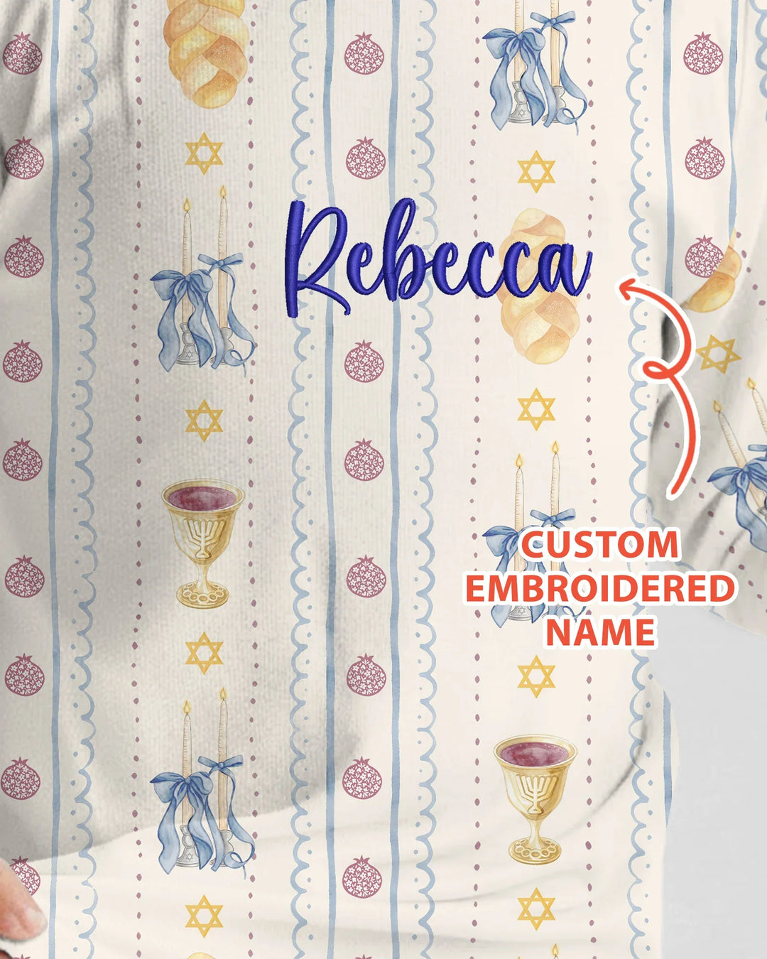 Custom Embroidered Name Shabbat Matching With Mom Bamboo Two Piece Long Sleeve Pajama Set