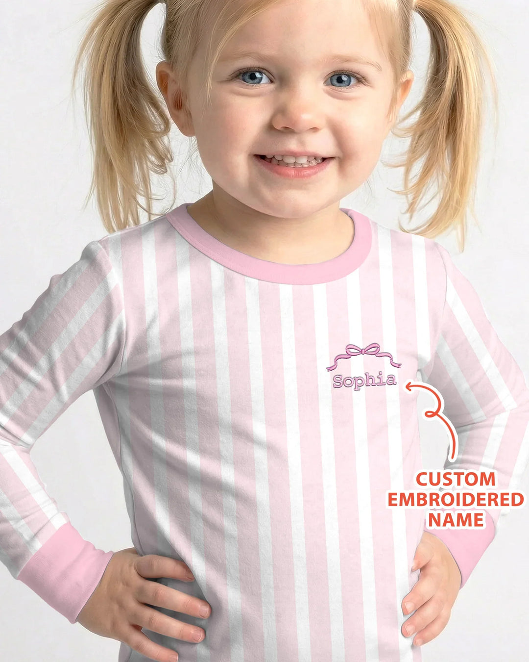 Personalized Embroidered Pink Stripes Baby Bamboo Two Piece Long Sleeve Pajama Set
