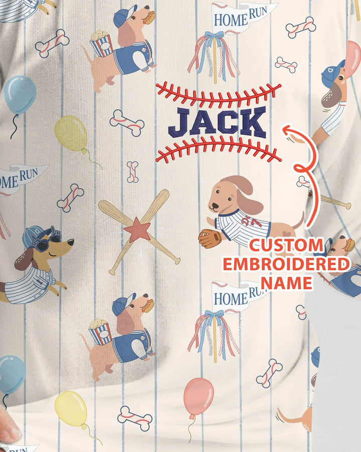 Personalized Embroidered Name Dachshund Baseball Bamboo Two Piece Long Sleeve Pajama Set
