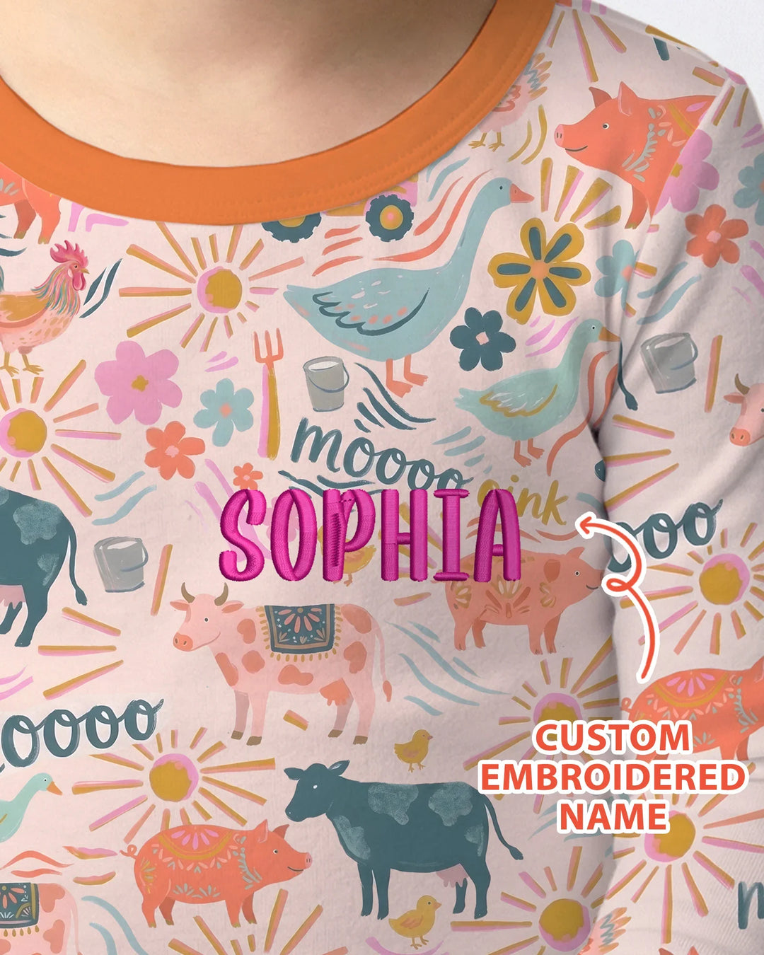 Custom Name Embroidered Colorful Farm Life  Bamboo Two Piece Long Sleeve Pajama Set