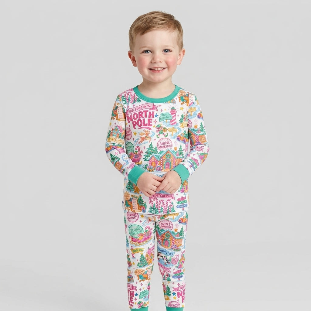 Retro North Pole Bamboo Two Piece Long Sleeve Pajama Set