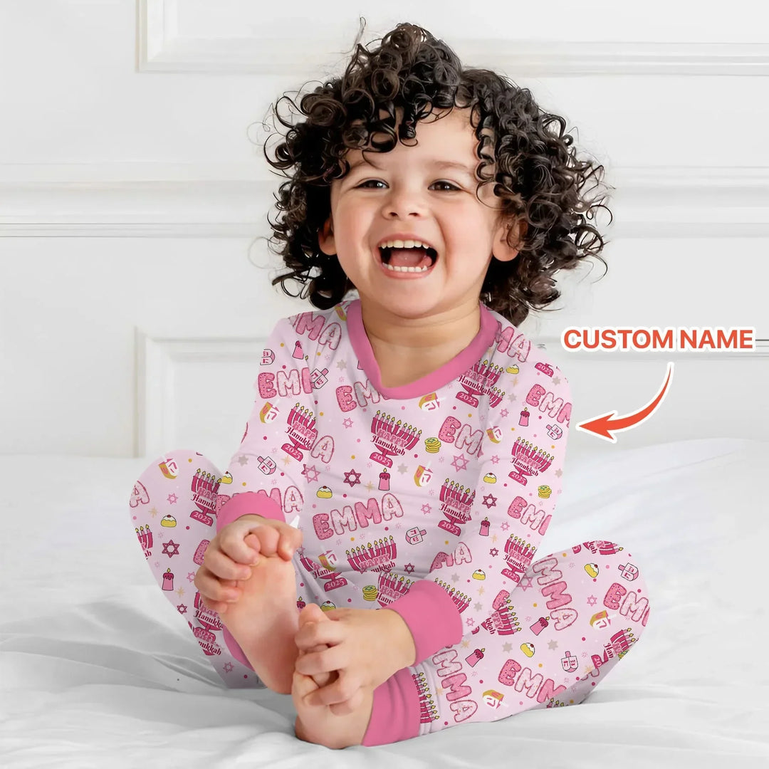 Custom name Happy Hanukkah 2025 Bamboo Two Piece Long Sleeve Pajama Set
