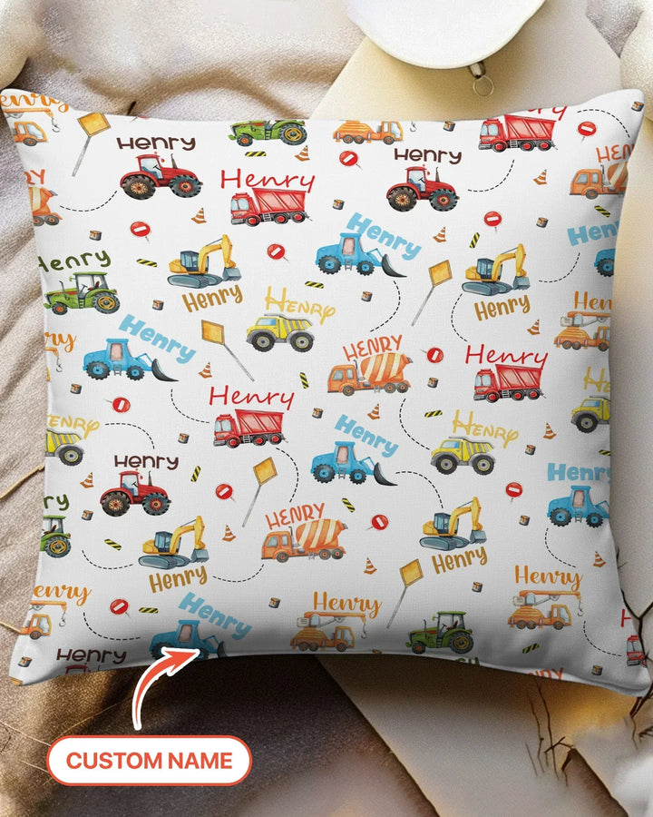 Construction Vehicles Custom Name Bamboo Pillow Case