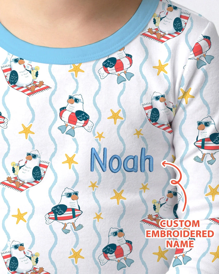 Personalized Embroidered Summer Seagull Baby Bamboo Two Piece Long Sleeve Pajama Set