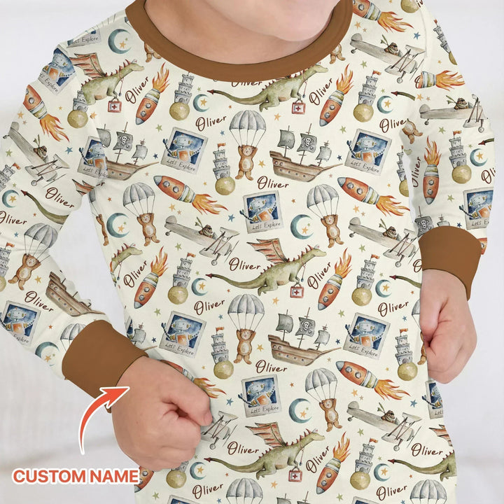 Adventure Dreams Custom Name Bamboo Two Piece Long Sleeve Pajama Set