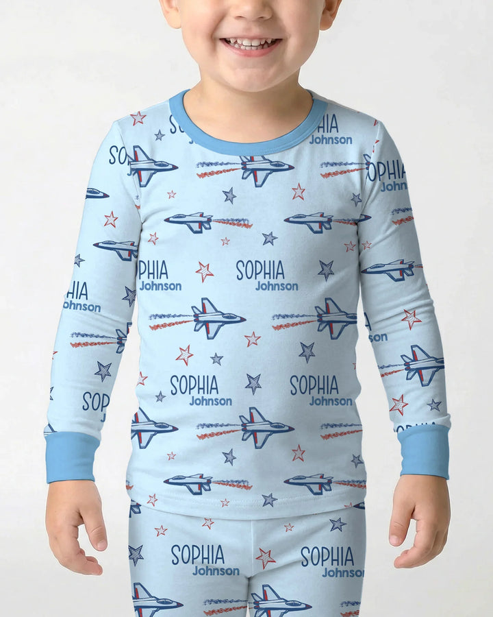 Patriotic American Flag Jet Fighter Bamboo Two Piece Long Sleeve Pajama Set