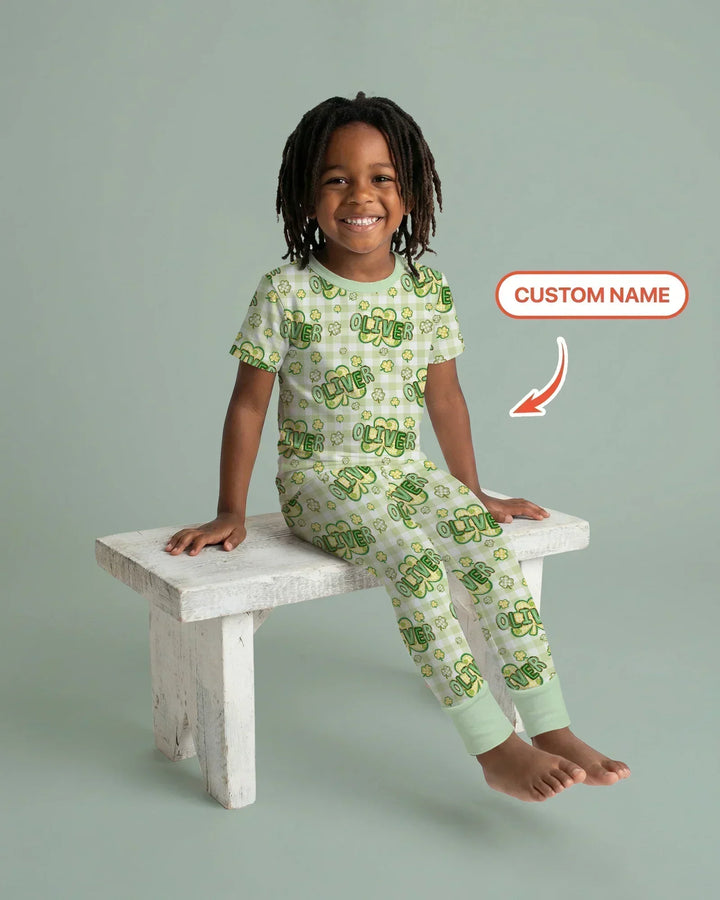 Lucky Shamrock Custom Name Bamboo Two Piece Short Sleeve Pajama Set
