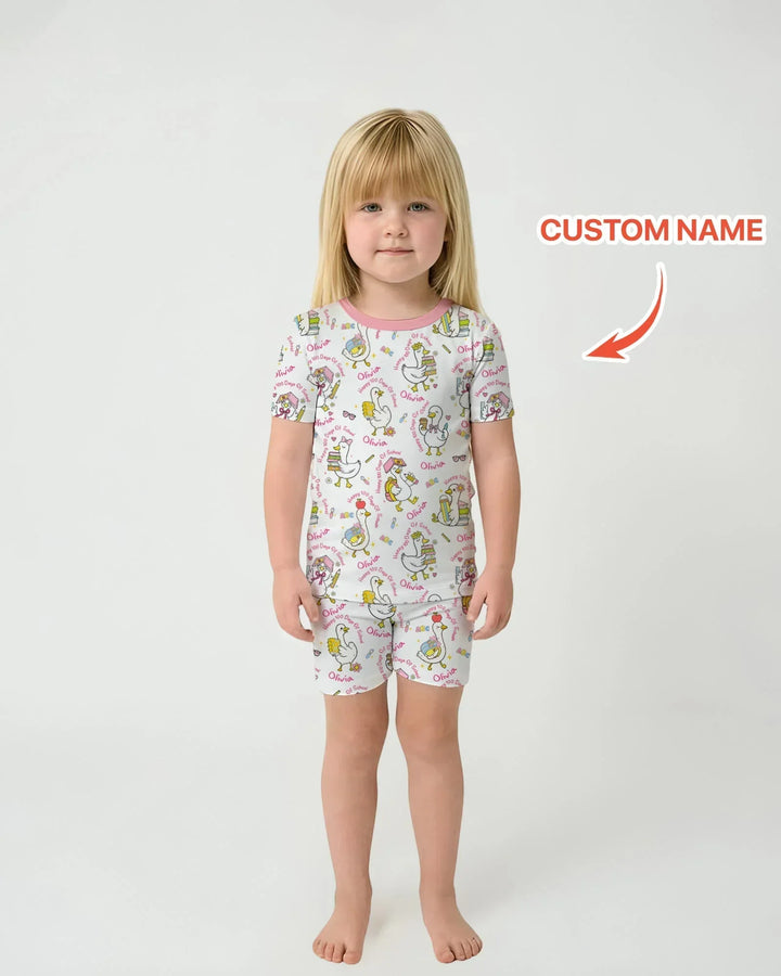 Custom Name Goose Happy 100 Days Of School Bamboo Two Piece Short Sleeve Shorts Pajama Set