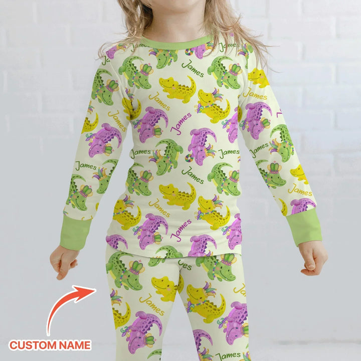 Custom Name Mardi Gras Alligator Bamboo Two Piece Long Sleeve Pajama Set