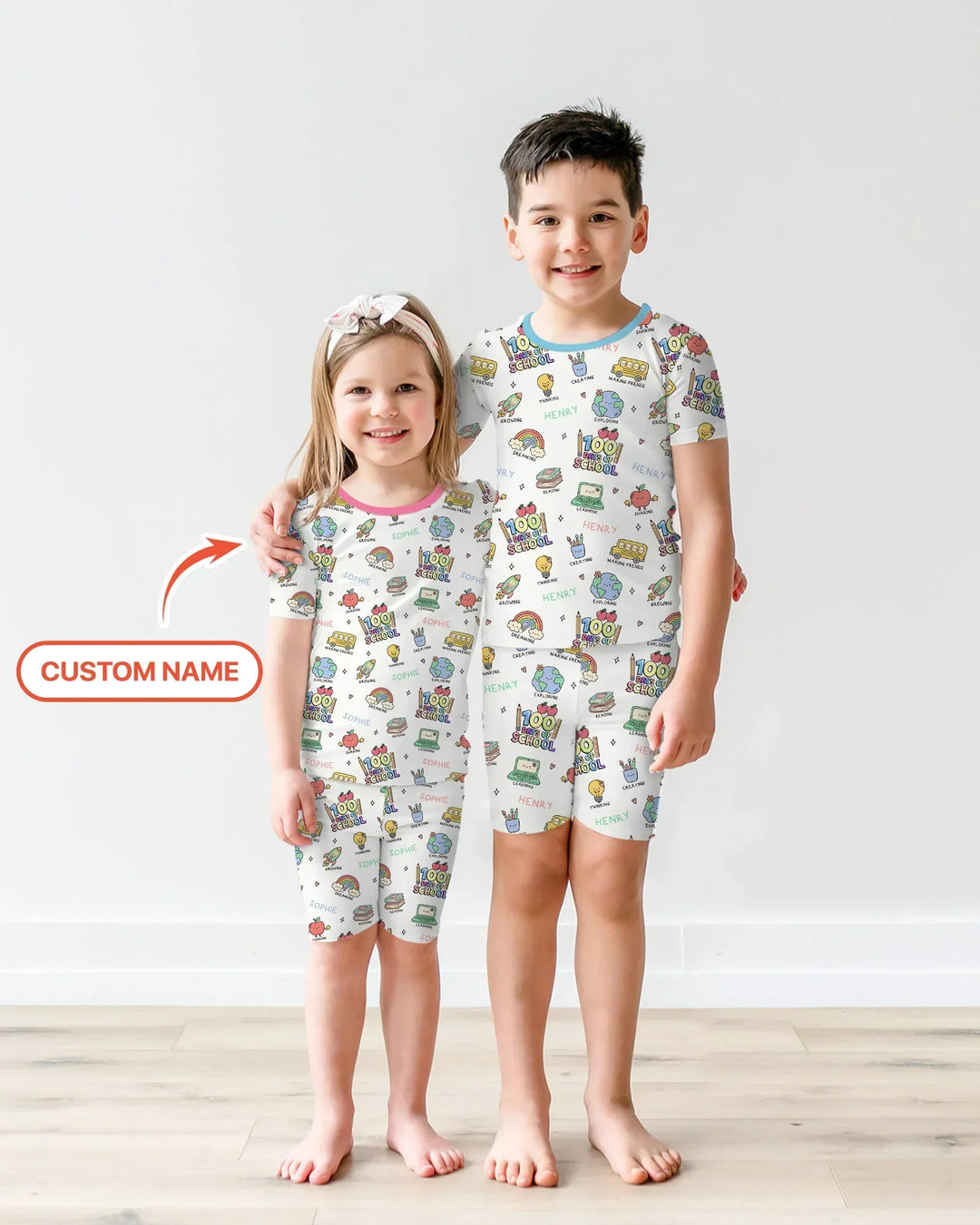 Custom Name Celebration Hundred Days Bamboo Two Piece Short Sleeve Shorts Pajama Set