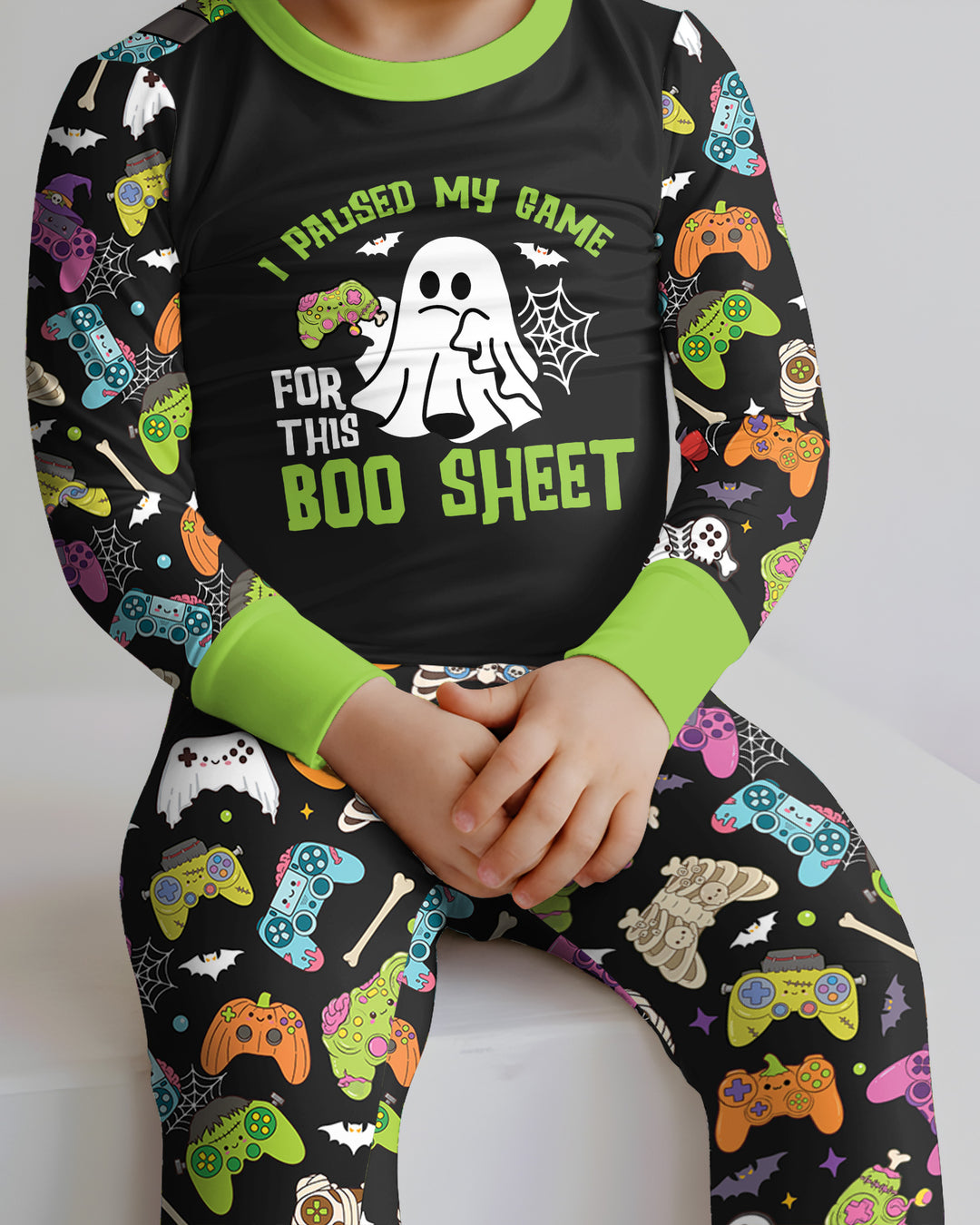 Halloween Skeleton Zombie Gaming Controllers Mummy Boys Bamboo Two Piece Long Sleeve Pajama Set