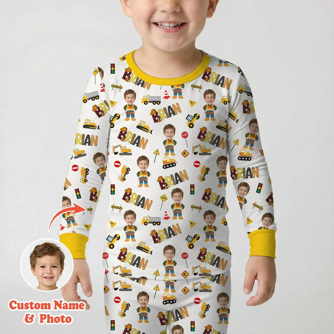 Custom Photo Doodle Little Builder Bamboo Two Piece Long Sleeve Pajama Set