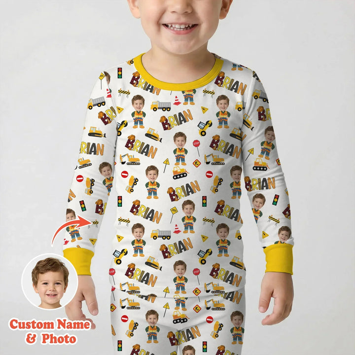 Custom Photo Doodle Little Builder Bamboo Two Piece Long Sleeve Pajama Set