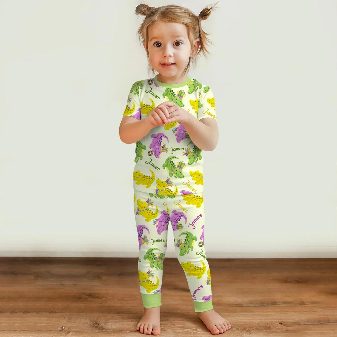 Custom Name Mardi Gras Alligator Bamboo Two Piece Short Sleeve Pajama Set
