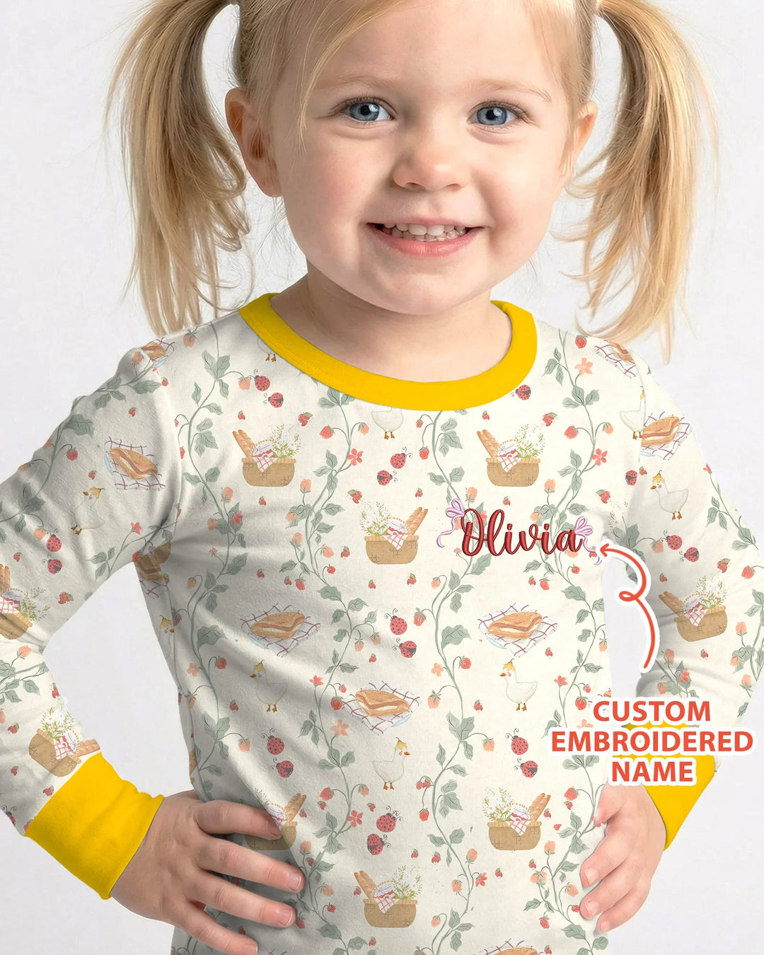 Custom Name Embroidered Picnic Time Bamboo Two Piece Long Sleeve Pajama Set