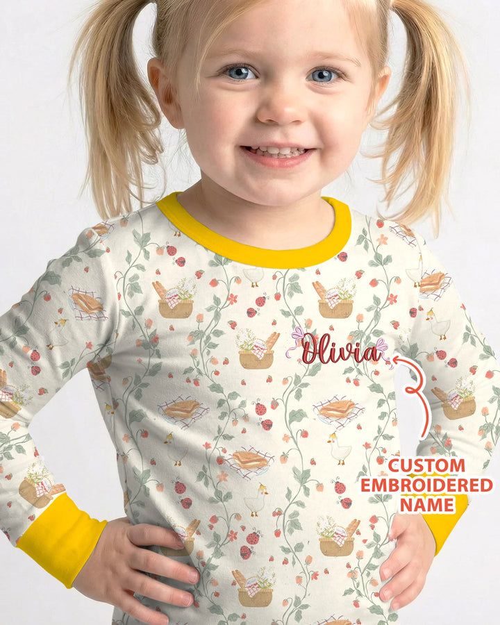 Custom Name Embroidered Picnic Time Bamboo Two Piece Long Sleeve Pajama Set
