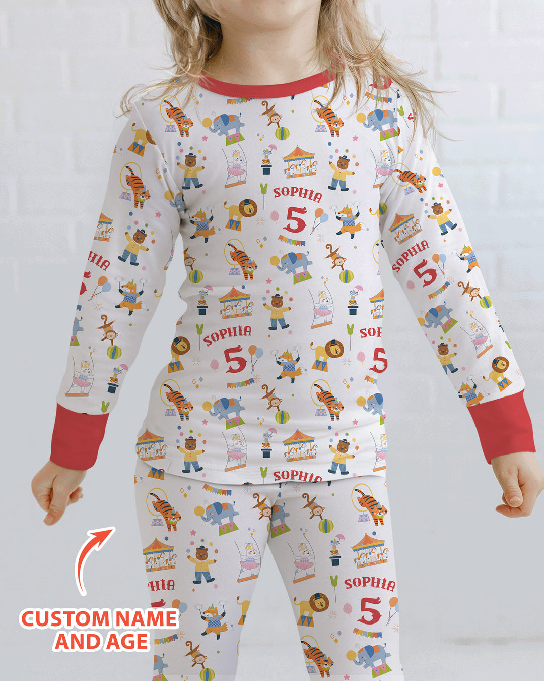 Custom Name Birthday Circus Bamboo Two Piece Long Sleeve Pajama Set