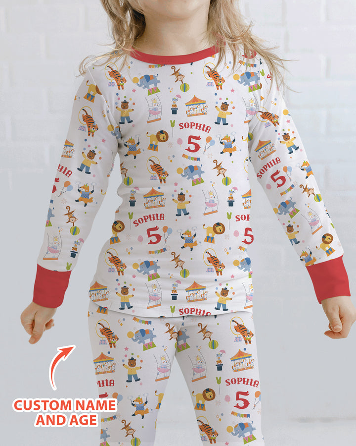Custom Name Birthday Circus Bamboo Two Piece Long Sleeve Pajama Set