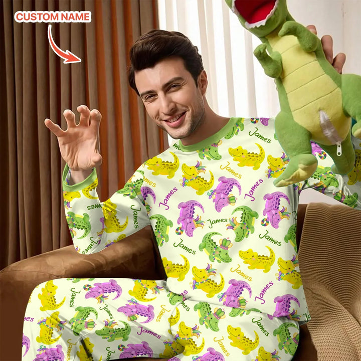 Custom Name Mardi Gras Alligator Bamboo Men's Pajama Set