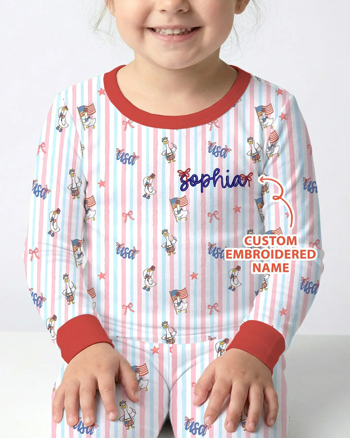 Personalized Cute Goose America 250 Embroidered Bamboo Two Piece Long Sleeve Pajama Set