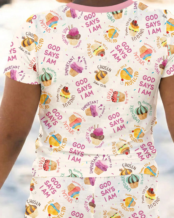 Cute Cupcake God Says I Am Bamboo Two Piece Short Sleeve Pajama Set