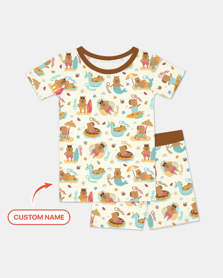 Don't Worry, Be Capy Custom Name Bamboo Two Piece Short Sleeve Shorts Pajama Set
