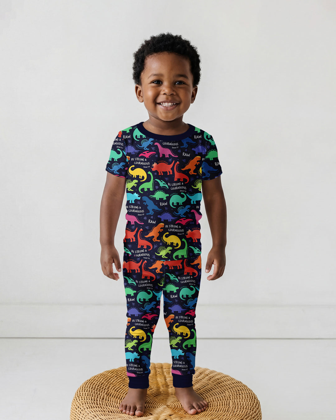 Be Strong and Courageous Dinosaur Christian Bamboo Two Piece Short Sleeve Pajama Set