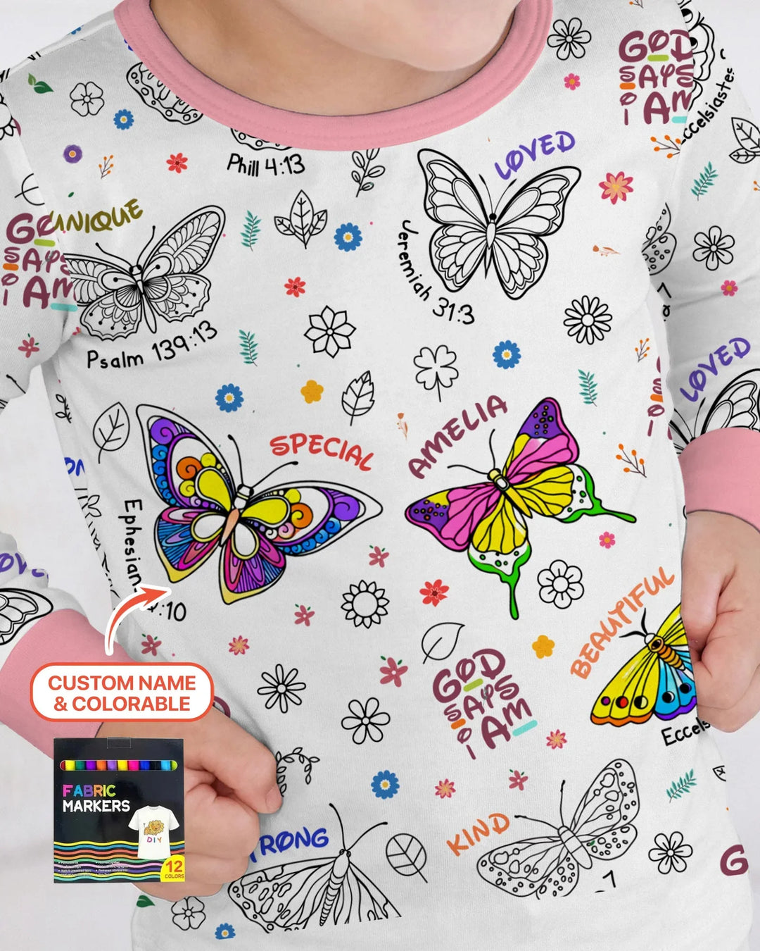 Colorable Custom Name God Says I Am Butterfly Bamboo Two Piece Long Sleeve Pajama Set