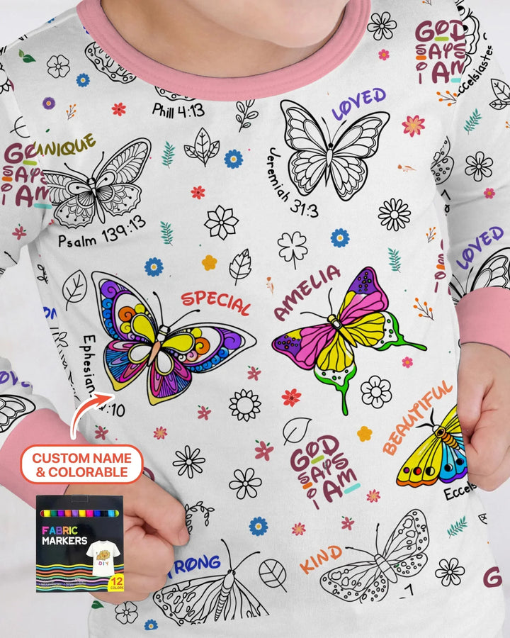Colorable Custom Name God Says I Am Butterfly Bamboo Two Piece Long Sleeve Pajama Set