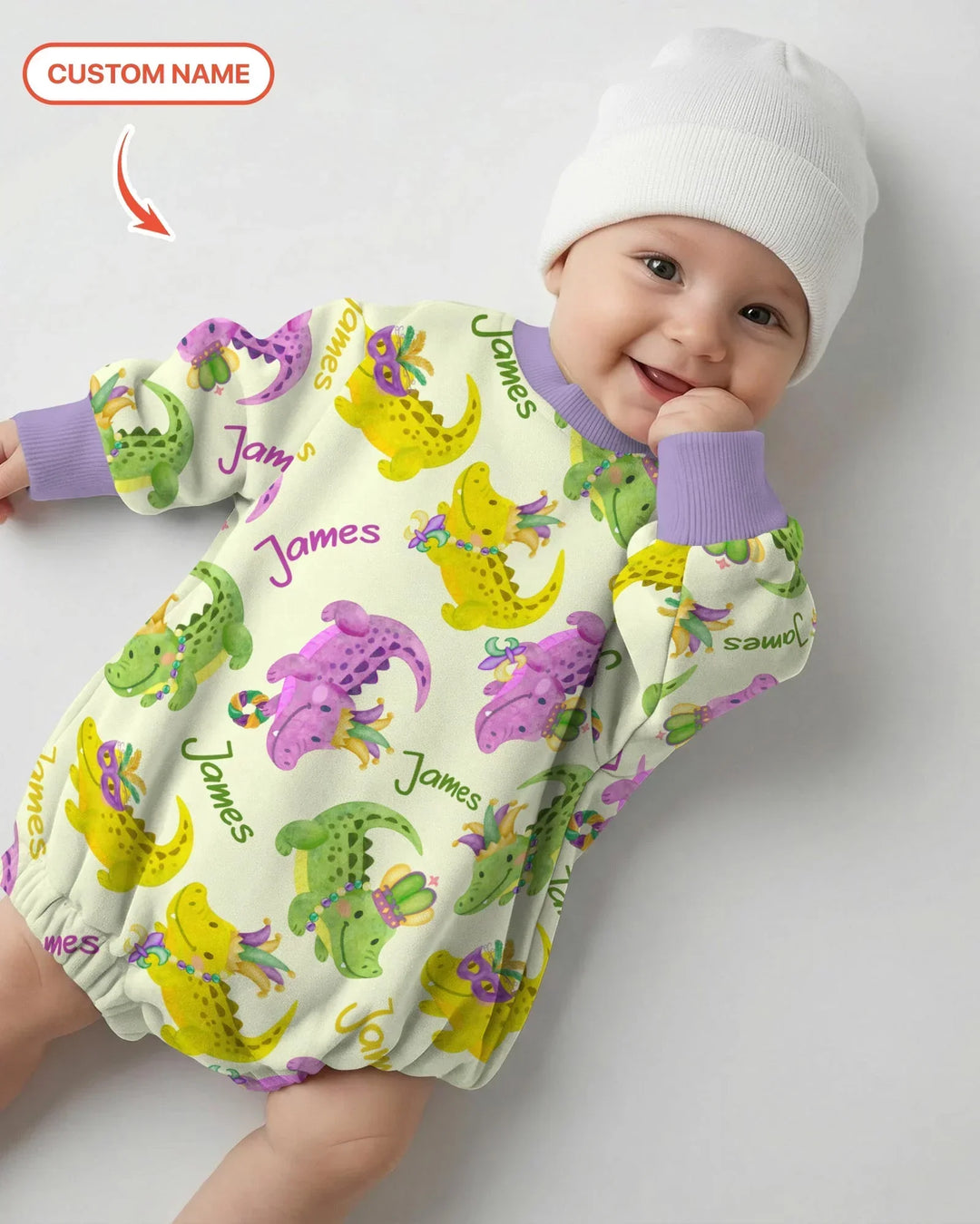 Custom Name Mardi Gras Alligator Bamboo Bubble Romper