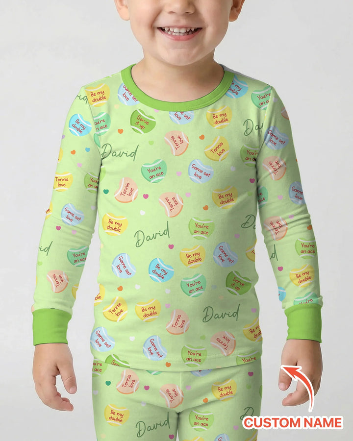 Custom Name Tennis Candy Hearts Bamboo Two Piece Long Sleeve Pajama Set