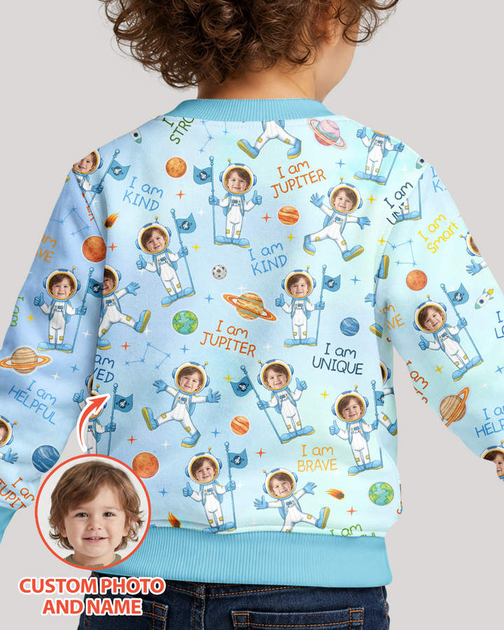 Custom Photo Kid Affirmations I Am Kind Astronaut Bamboo Crewneck Sweatshirt
