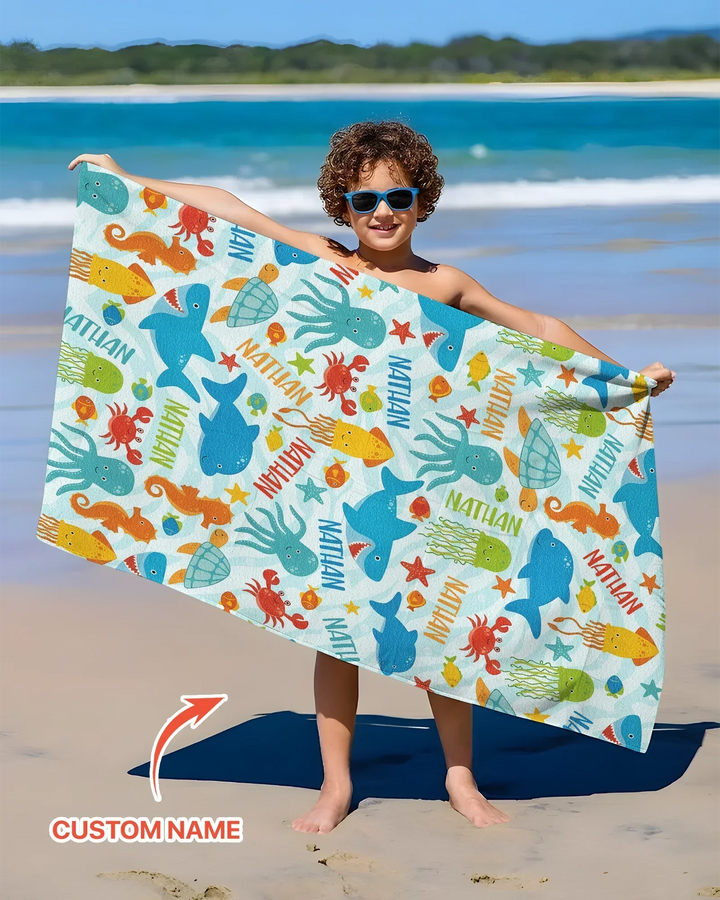 Custom Name Sea Life Kid Bamboo Beach Towel