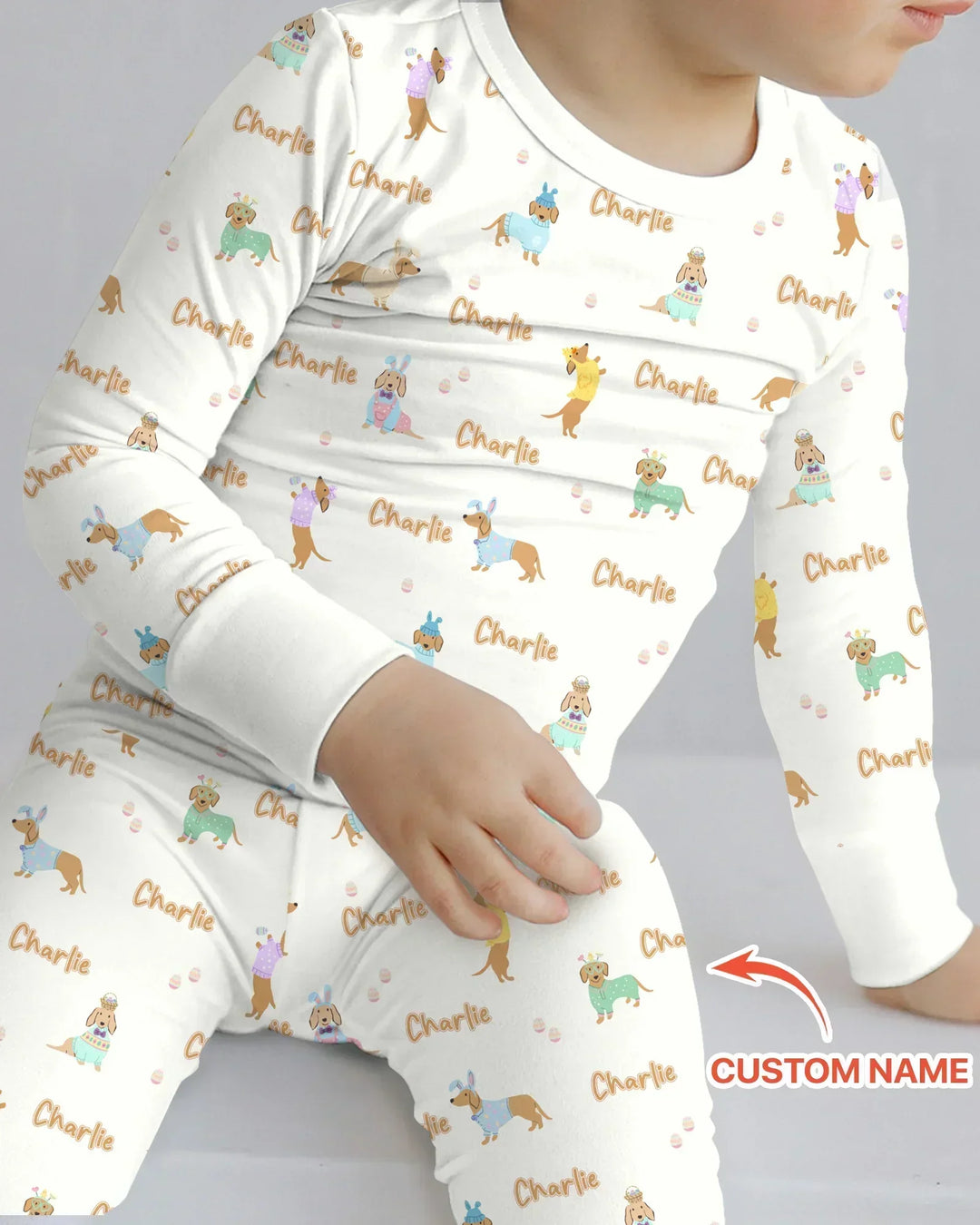 Custom Name Easter Dachshund Bamboo Two Piece Long Sleeve Pajama Set