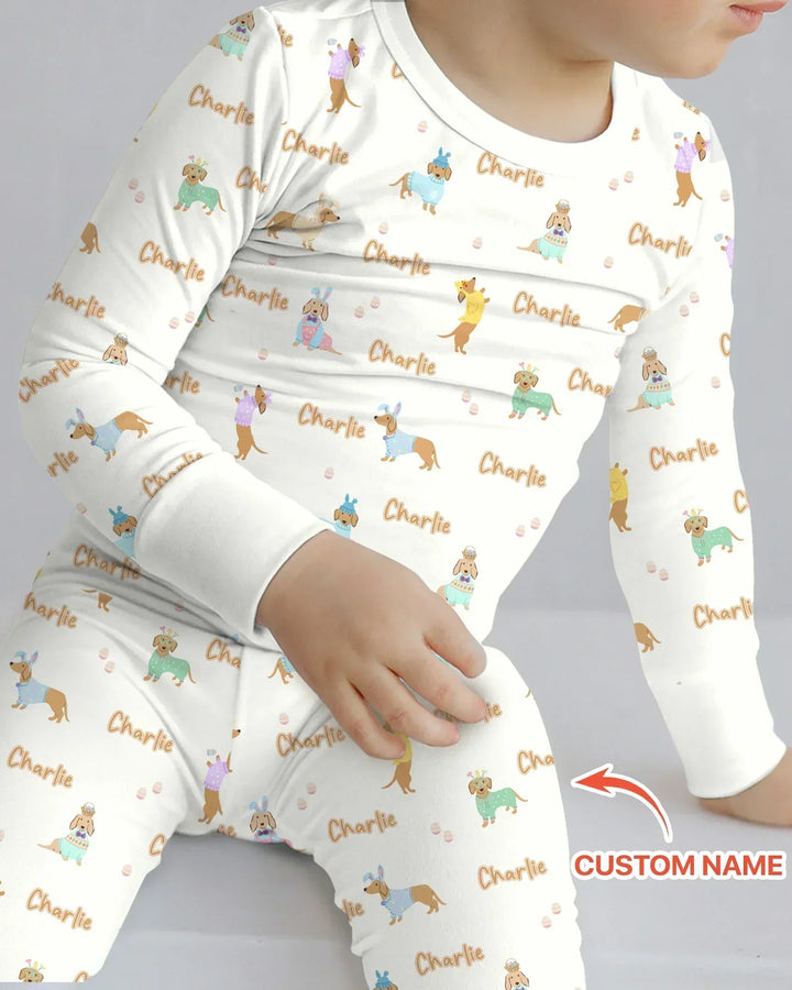 Custom Name Easter Dachshund Bamboo Two Piece Long Sleeve Pajama Set